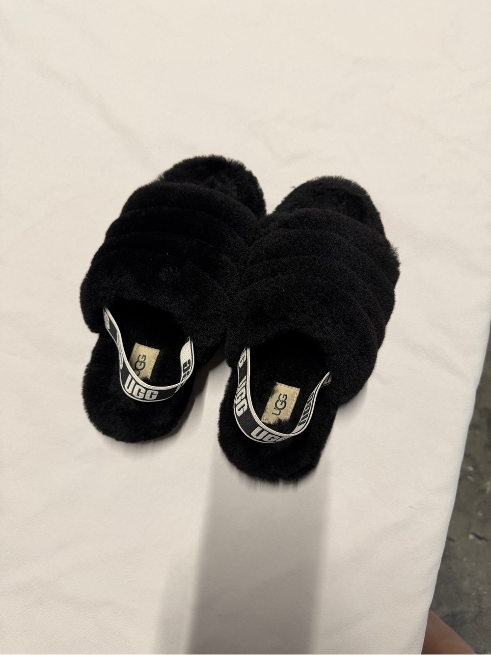 UGG Black Fluffy Slide with Branded Heel Strap